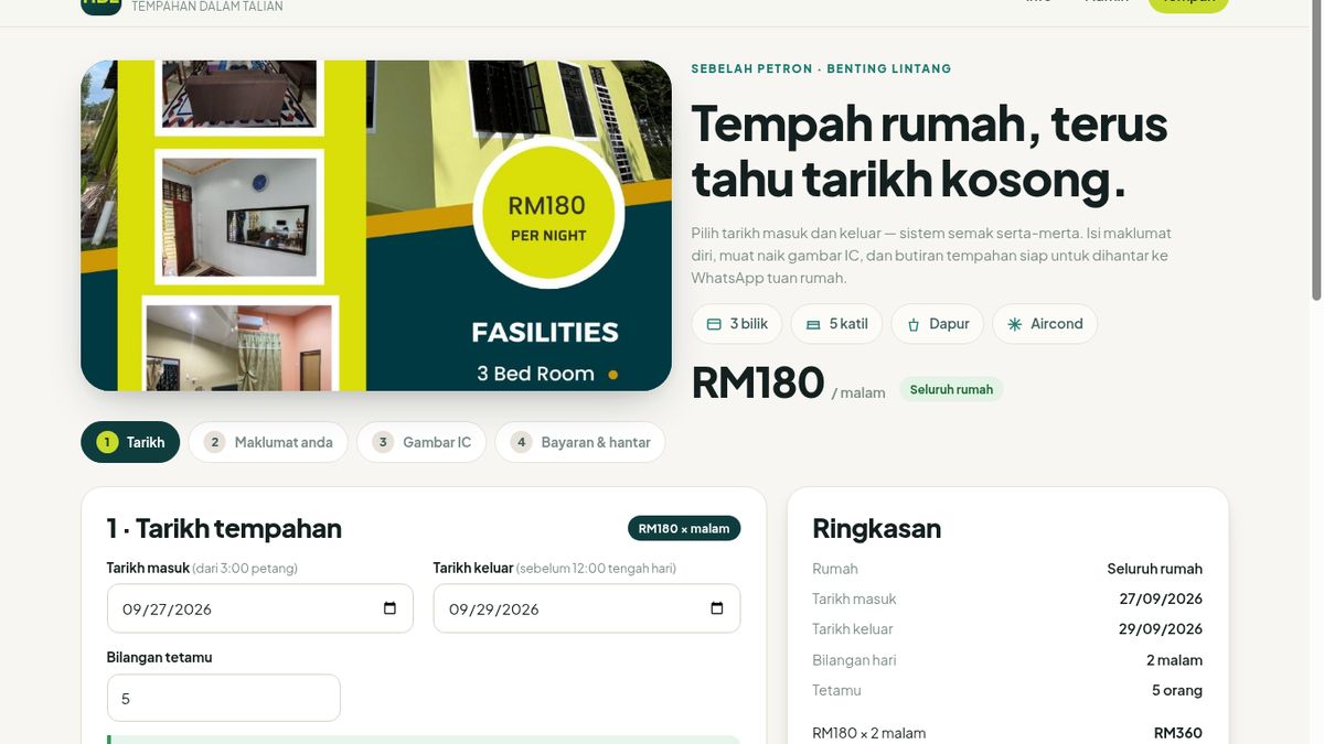 Halaman tempahan homestay yang menyemak tarikh kosong